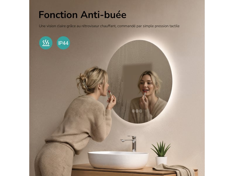  Emke miroir de salle de bain led rond diamètre 60 cm, anti-buée, rétro-éclairage sans cadre, interrupteur tactile, 3 couleurs de lumière  - Conforama D