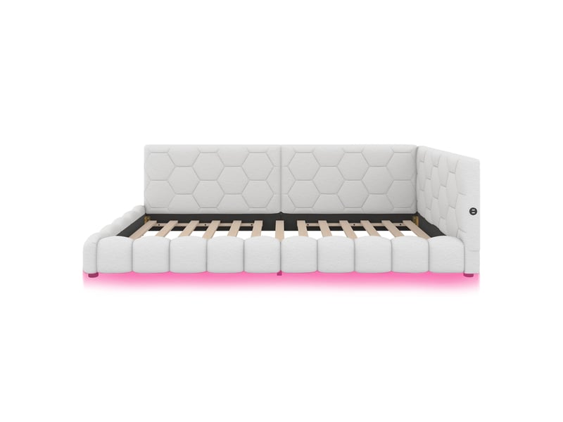  Canapé-lit 90 × 200 cm, lit avec sommier à lattes, éclairage d'ambiance à 16 couleurs, port usb-c, tissu imitation peluche, blanc  - Conforama R
