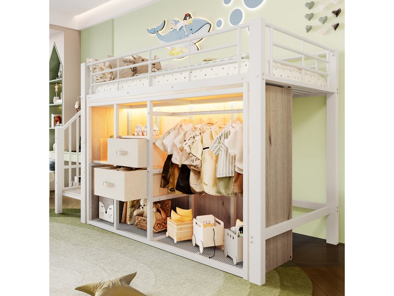 Lit enfant 90x200 cm avec armoire, led, étagères et 2 tiroirs, lit simple avec rangements en métal et mdf blanc  - Conforama D
