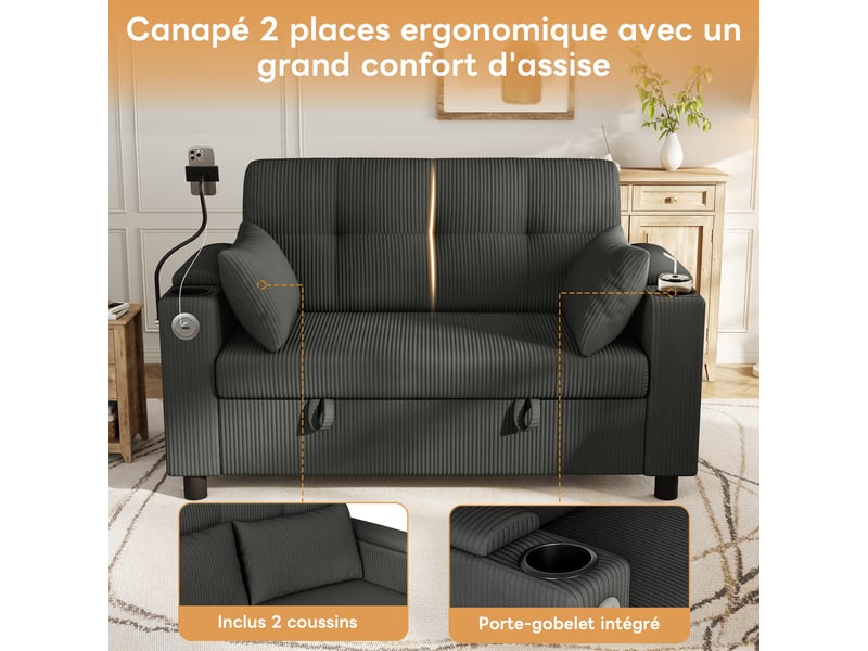  Canapé 2 places avec coffre 136,5x79,5x83,6 cm, rangements d’accoudoirs, 2 porte-gobelets, usbtype-c, support téléphone, velours côtelé gris  - Conforama E