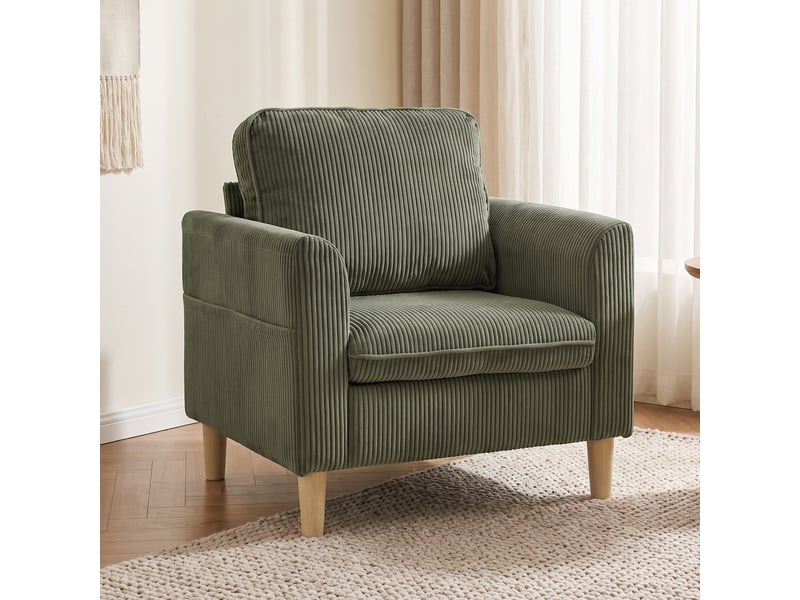  Fauteuil de salon style nordique pieds effilés bois clair velours côtelé vert  - Conforama D