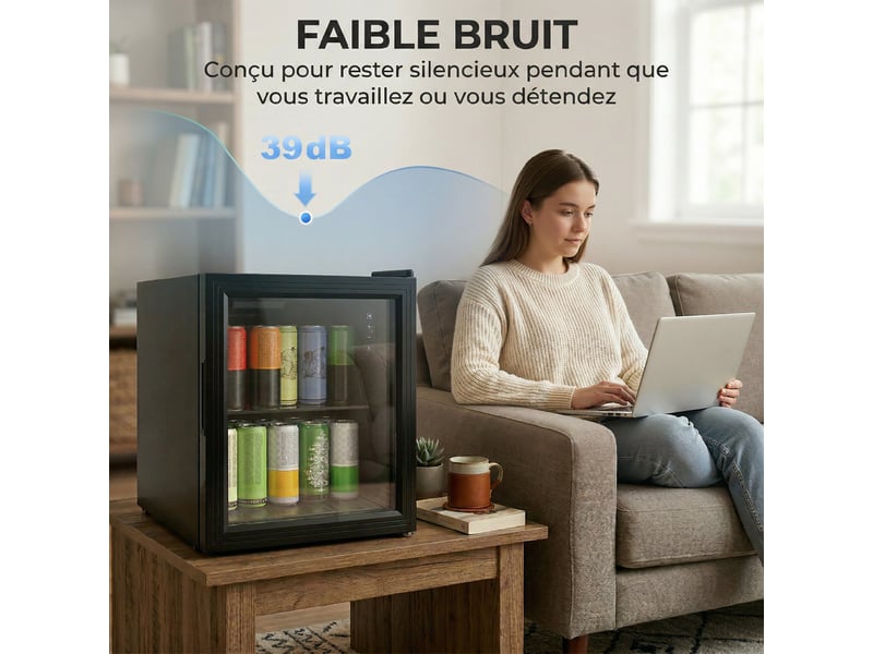 Réfrigérateur à boissons 46l 59 canettes, noir, mini frigo silencieux pose libre avec porte en verre trempé double - Conforama W