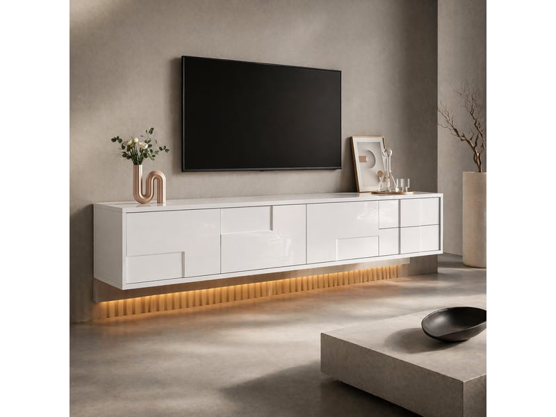  Meuble tv avec 3 portes, 2 tiroirs et espaces ouverts pour salon 170×30×30,5 cm en mdf blanc brillant  - Conforama B