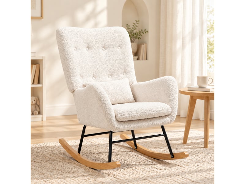  Fauteuil à bascule modenvie avec accoudoirs tissu effet teddy blanc crème 69 x 92 x 100 cm  - Conforama D