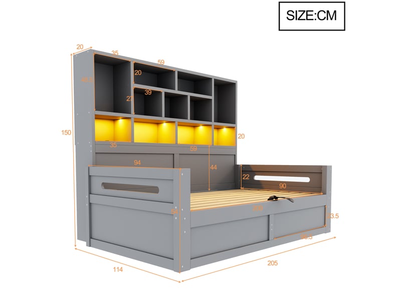  Lit coffre multifonctionnel modenvie 90 x 200 cm avec rangement, éclairage led et prises, gris  - Conforama C