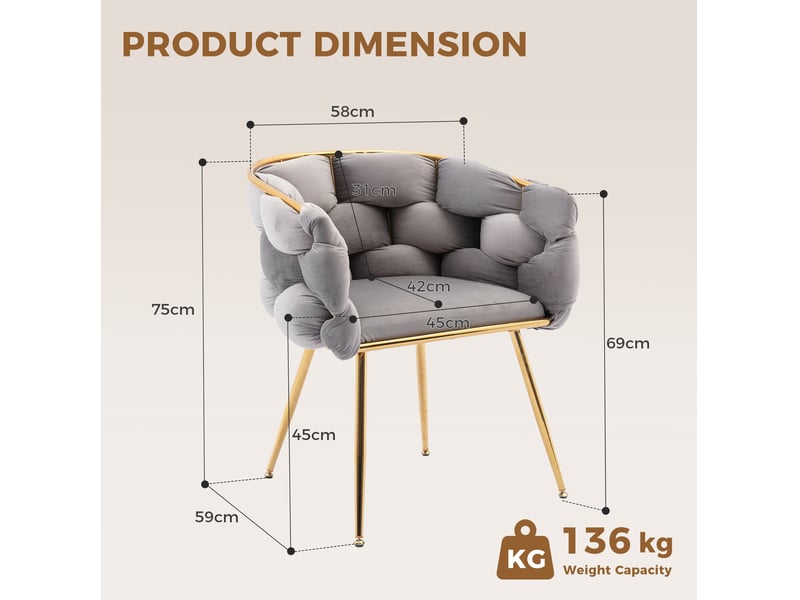  Lot de 2 fauteuils d'appoint modernes en velours gris, accoudoirs, pieds métalliques dorés  - Conforama C