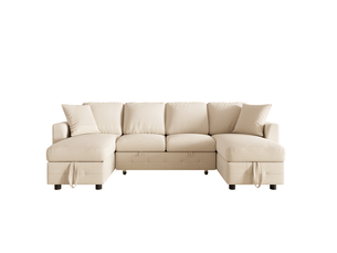 Canapé d'angle panoramique convertible HAVRYA 4 places Tissu beige avec coffre de rangement