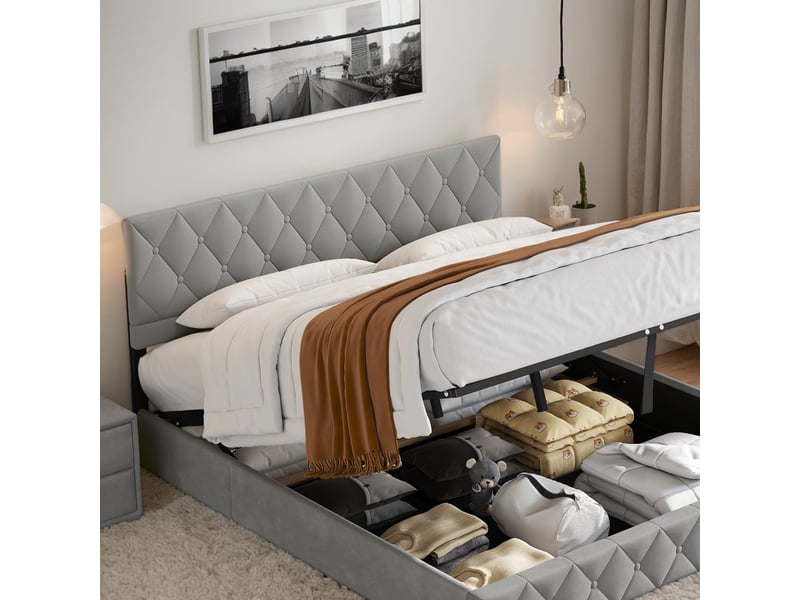  Lit double 140x200 cm avec tête de lit rembourrée gris homvra  - Conforama D
