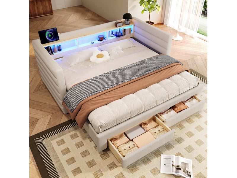 Lit enfant gigogne 90x190 cm avec led, 2 tiroirs, style minimaliste moderne, usb‑c velours beige sans matelas - Conforama D