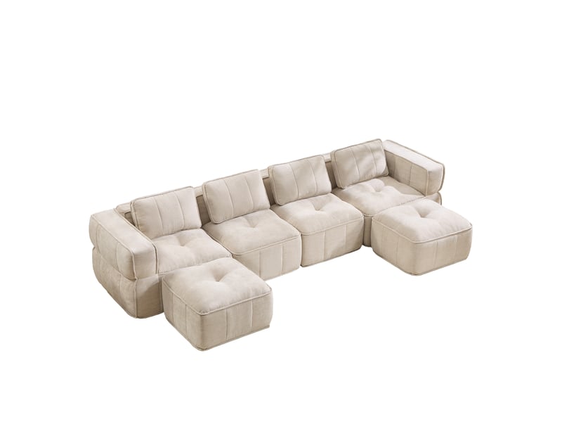  Canapé modulable en u 4 places beige avec 2 poufs, mousse haute densité 32d, tissu polyester doux, sans montage pour salon  - Conforama R