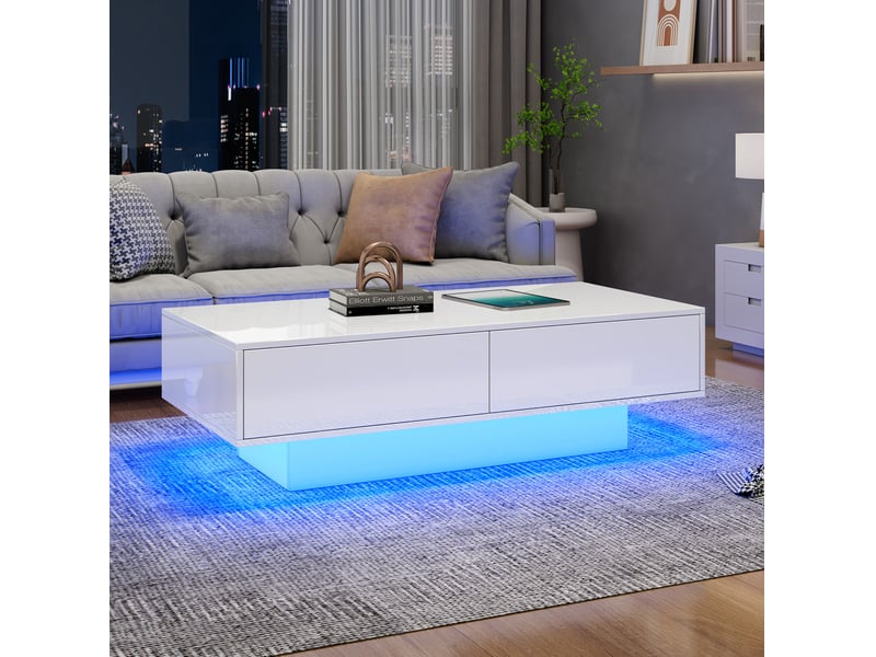  Table basse moderne laquée 115x55x34cm éclairage led intégré 2 tiroirs fini laqué brillant panneau de particules blanc  - Conforama D