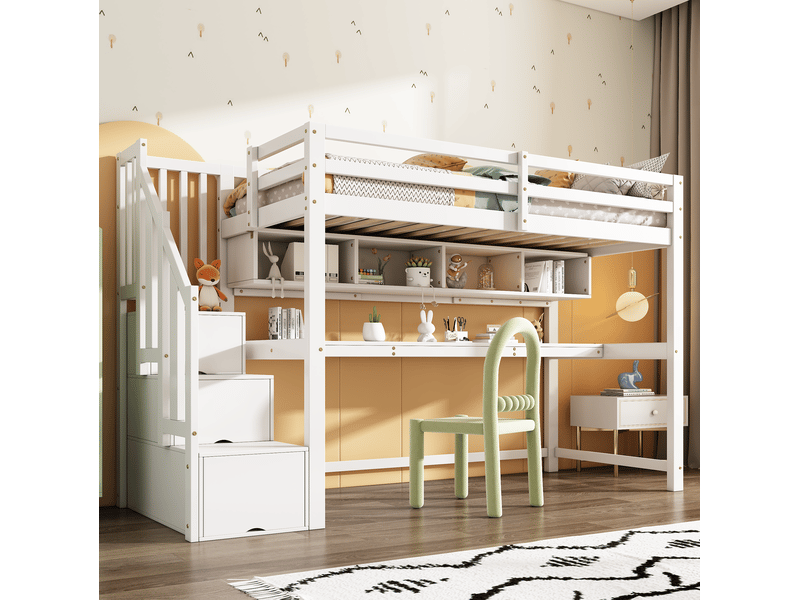 Lit mezzanine enfant 90x200 cm avec escalier de rangement et bureau, blanc - Conforama C