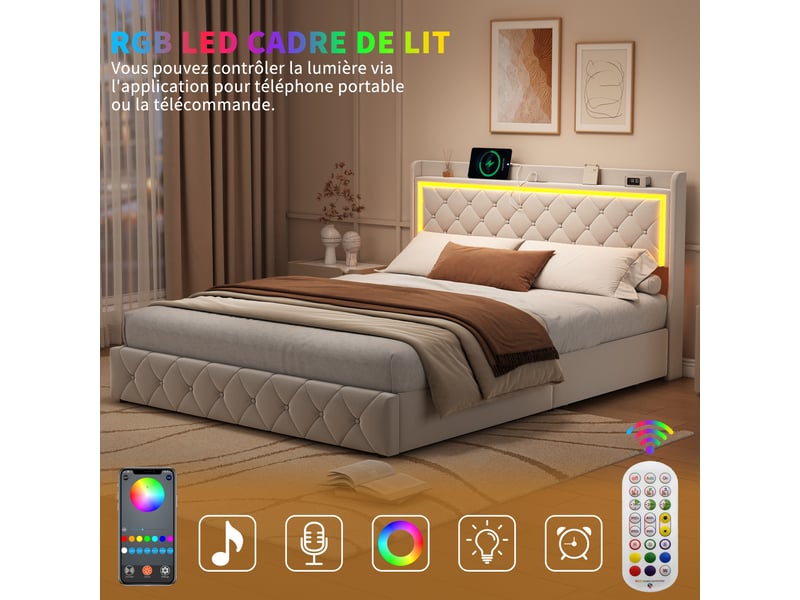  Kefsr lit double 140x200 cm avec 4 tiroirs, tête de lit rangement et led rgb, velours beige, ports usbtype-c, sommier inclus  - Conforama D
