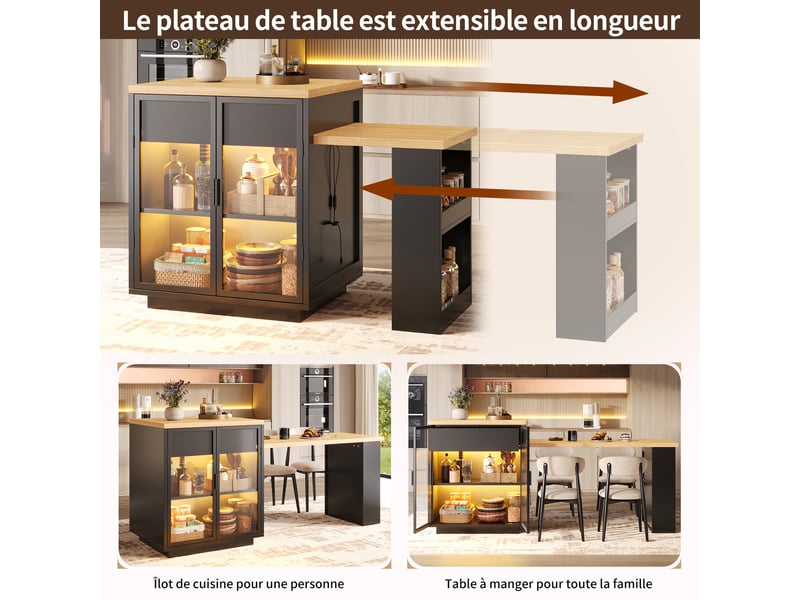  Meuble de cuisine muvano, îlot de cuisine extensible noir, de 122 à 194,5 cm avec rangement  - Conforama R