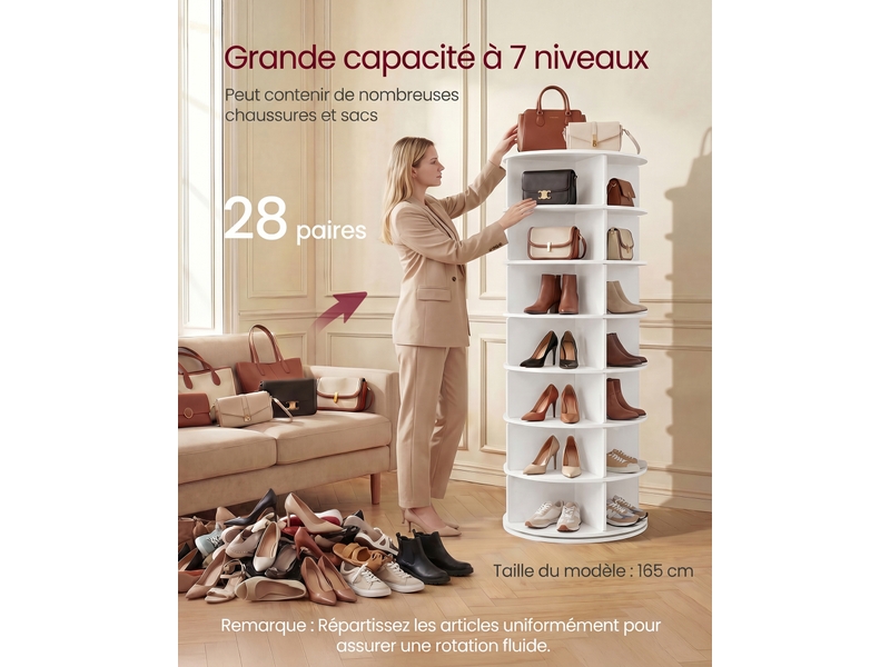  Étagère à chaussures rotative en pvc à 7 niveaux pour 28 paires, tour de rangement, 60 x 60 x 162 cm, blanc  - Conforama C