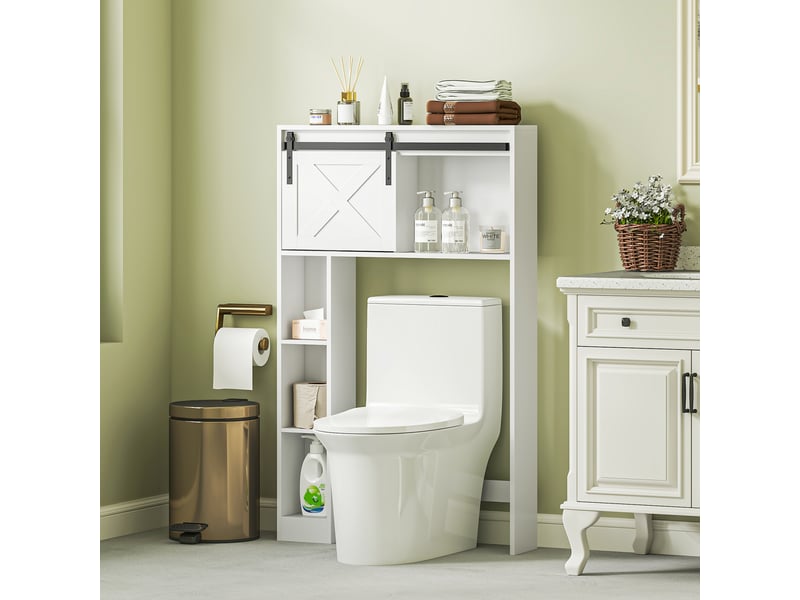  Meuble de rangement au-dessus des toilettes avec porte coulissante, meuble étagère dessus wc, étagère réglable, blanc  - Conforama D