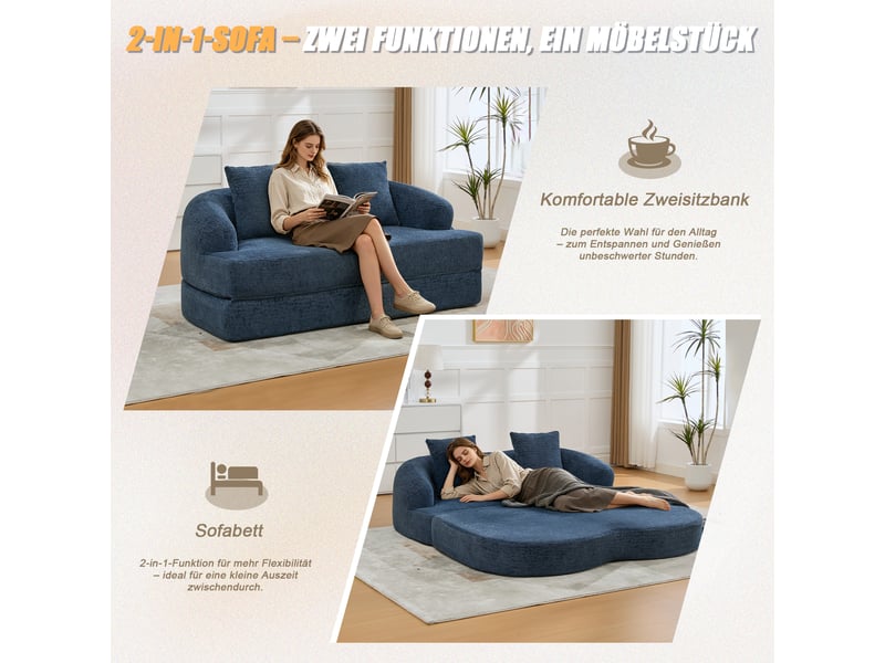  Canapé convertible, canapé-lit, en chenille, bleu, 2 en 1, pliable, mobilier pour espace de vie, pour salon et séjour  - Conforama E