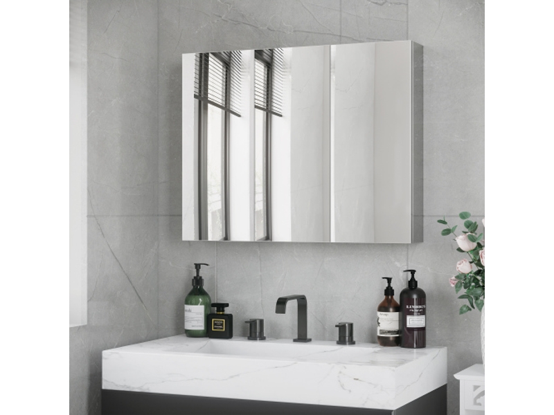 Armoire miroir de salle de bain en inox argenté 70x12x55 cm avec 3 portes vitrées et 5 étagères - Conforama B