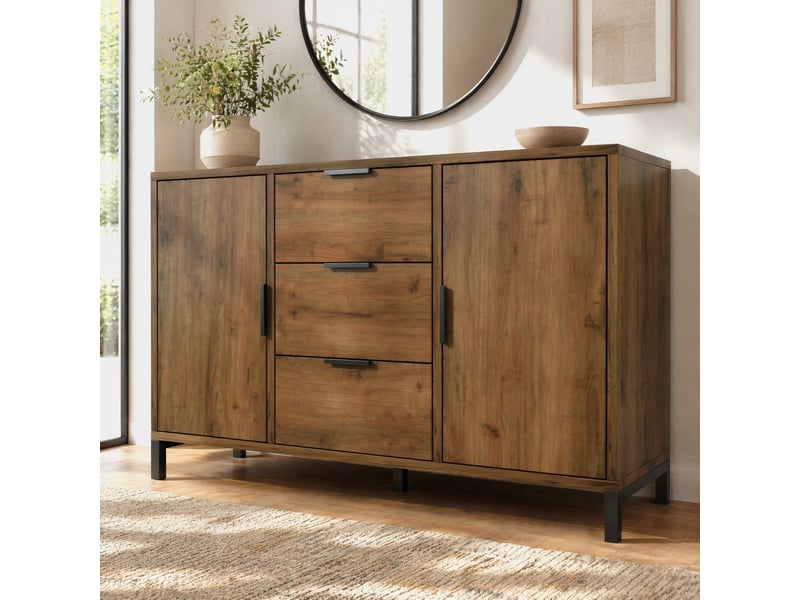 Commode 2 portes et 3 tiroirs 120 x 40 x 76 cm – chêne foncé – rangement modulable  - Conforama B