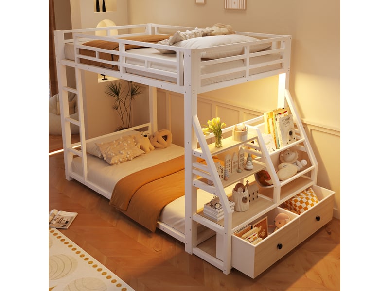 Lit superposé 2 couchages 90x200 cm, avec rangements et 2 tiroirs, led, métal et bois, blanc sans matelas - Conforama B