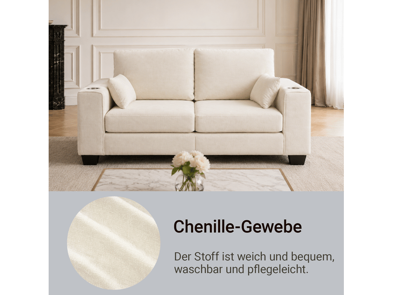  Canapé droit 2 places avec porte gobelets, poches latérales et assise profonde en tissu chenille beige  - Conforama E