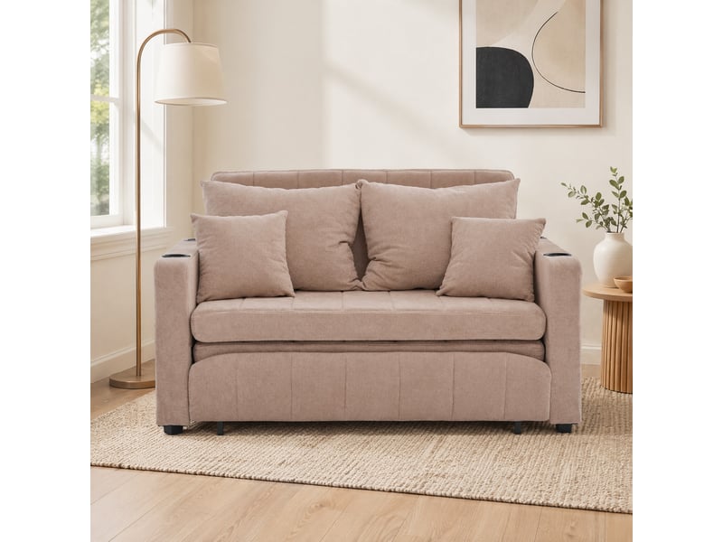 Canapé convertible 2 places avec usb, poches latérales et porte-gobelets - chenille kaki 139 × 83 × 58 cm - Conforama C