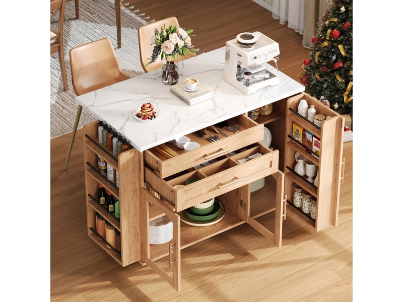  Îlot de cuisine mobile sur roulettes avec plateau rabattable, chariot de cuisine mdf, 138x70x90 cm  - Conforama R