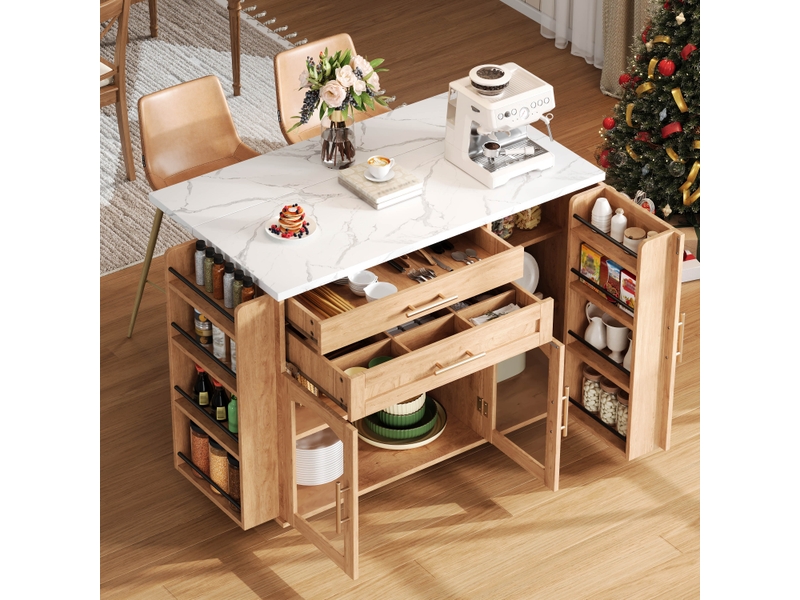  Îlot de cuisine mobile sur roulettes avec plateau rabattable, chariot de cuisine mdf, 138x70x90 cm  - Conforama R