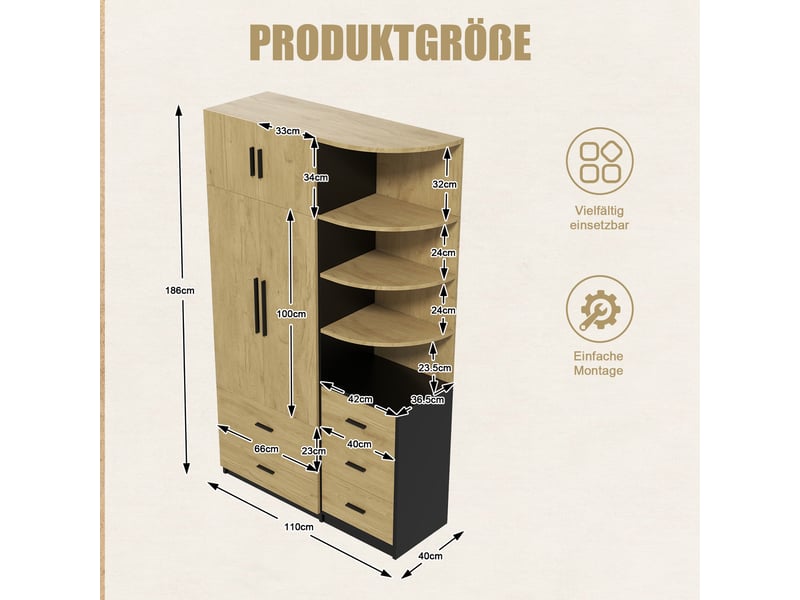 Armoire à vêtements 2 portes avec tringle, 5 tiroirs et rangements ouverts, meuble de chambre, bois naturel et noir - Conforama C