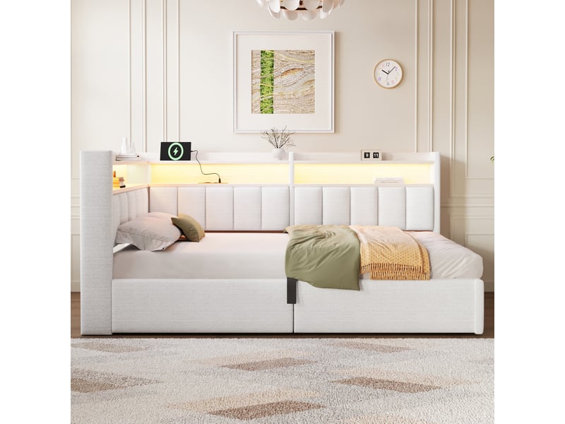  Lit coffre hydraulique 90x200 cm avec led, usb-a et usb-c et tête réversible, velours crème, sans matelas  - Conforama W