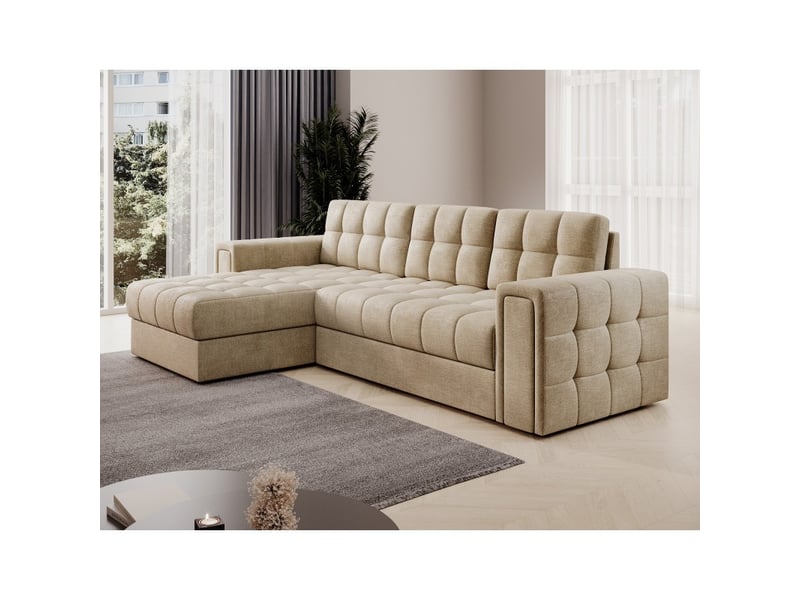 Canapé d'angle convertible kapitara beige réversible avec coffre de rangement - Conforama E