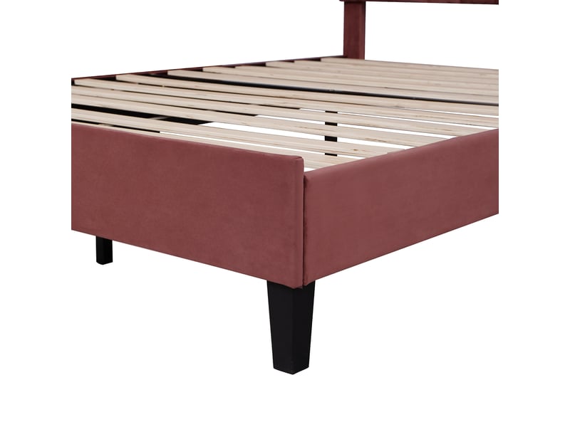  Lit double 200×140 cm avec tête de lit fleur, sommier à lattes, sans matelas, en velours rouge  - Conforama E