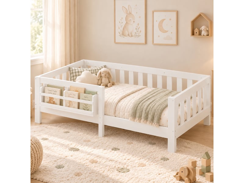  Lit enfant 90 x 200 cm avec bibliothèque intégrée, barrière de sécurité sur plusieurs côtés et sommier à lattes inclus, en bois blanc  - Conforama C