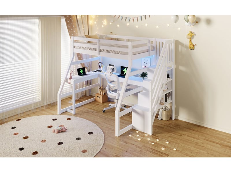  Lit mezzanine avec bureau 90 x 200 cm structure en bois bureau intégré éclairage led port usb finition blanche  - Conforama E