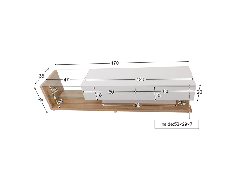  Meuble tv modenvie blanc brillant décor bois 170 x 36 x 38 cm avec led et 2 tiroirs  - Conforama C