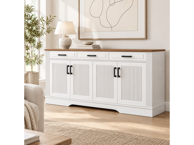  Buffet 4 portes et 3 tiroirs avec rangement pour salle à manger en mdf 160×40×75 cm blanc  - Conforama B