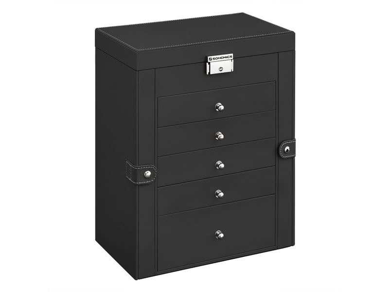 Boîte à bijoux élégante en similicuir noir avec 5 tiroirs - Conforama A
