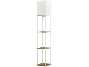Lampadaire colonne étagère structure métal et bois 3 tablettes abat-jour tissu tirette e27 159 cm