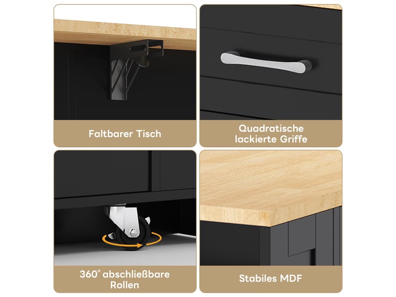  Îlot de cuisine mobile 120 × 4065 × 92 cm en mdf, table rabattable, prises ac et usb, porte vitrée et roulettes freinées  - Conforama D
