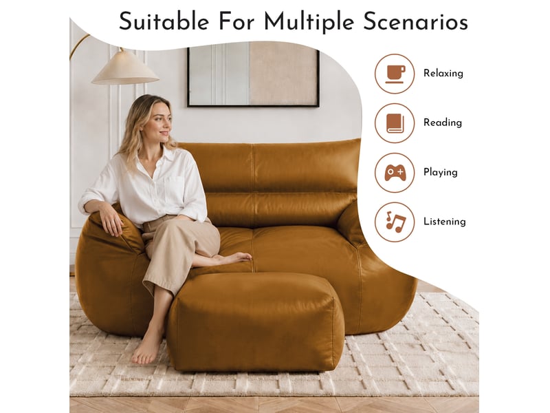  Fauteuil pouf marron avec repose-pieds, tissu technique aspect simili cuir, mousse à mémoire de forme  - Conforama E