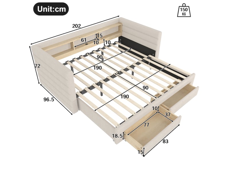 Lit enfant gigogne 90x190 cm avec led, 2 tiroirs, style minimaliste moderne, usb‑c velours beige sans matelas - Conforama C