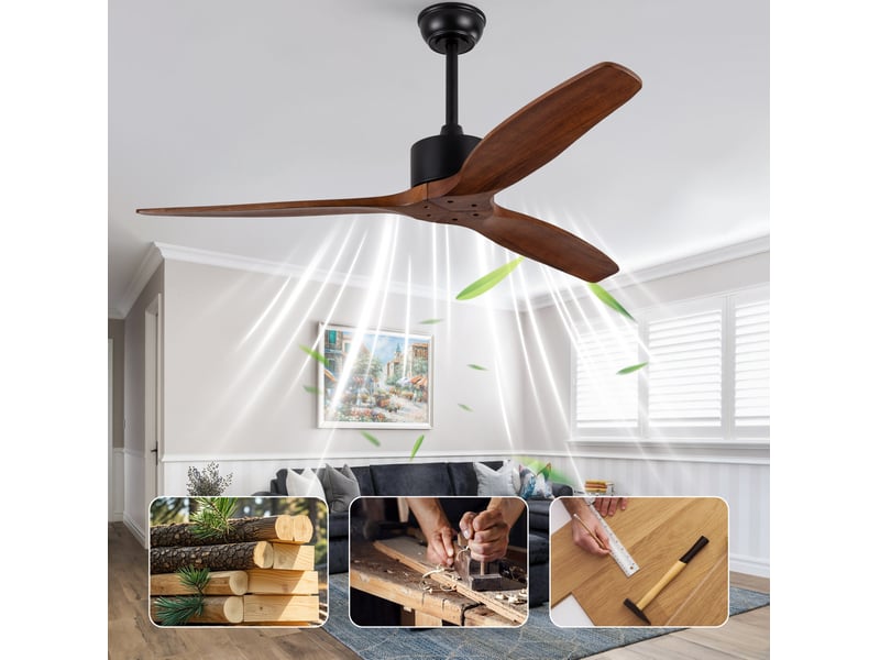  Ventilateur de plafond 132 cm sans éclairage en bois noyer foncé et noir avec télécommande  - Conforama B