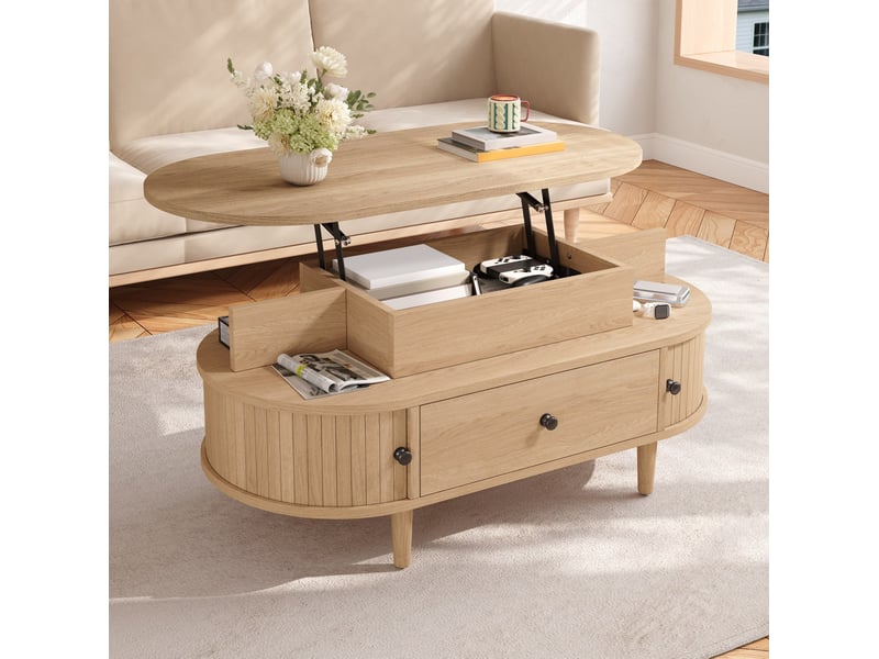  Table basse relevable 105x50x60,5 cm ovale avec rangement coloris naturel  - Conforama E