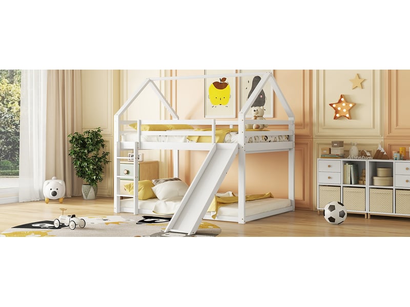  Lit superposé enfant cabane avec toboggan et échelle 140x200 cm blanc pin massif mdf couchage 2 places Sol Morn - Conforama D