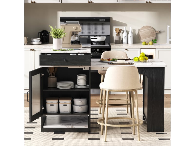  Îlot de cuisine, desserte extensible avec plateau amovible, multiprises et tiroirs, effet marbre, mdf et verre, noir et blanc  - Conforama B