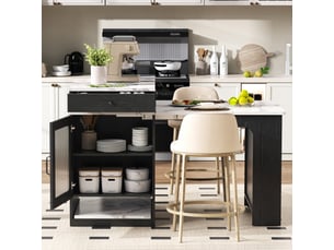 Îlot de cuisine, desserte extensible avec plateau amovible, multiprises et tiroirs, effet marbre, mdf et verre, noir et blanc