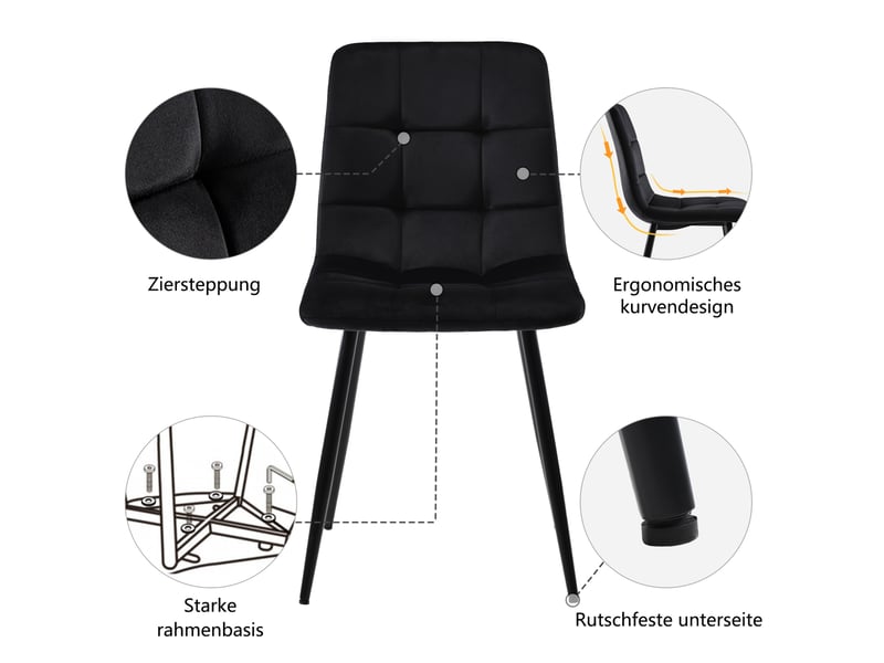  Lot de 4 chaises salle à manger, assise rembourrée en velours avec pieds en métal, ergonomie, pour cuisine, salle à manger, salon, chambre à coucher, noir  - Conforama R