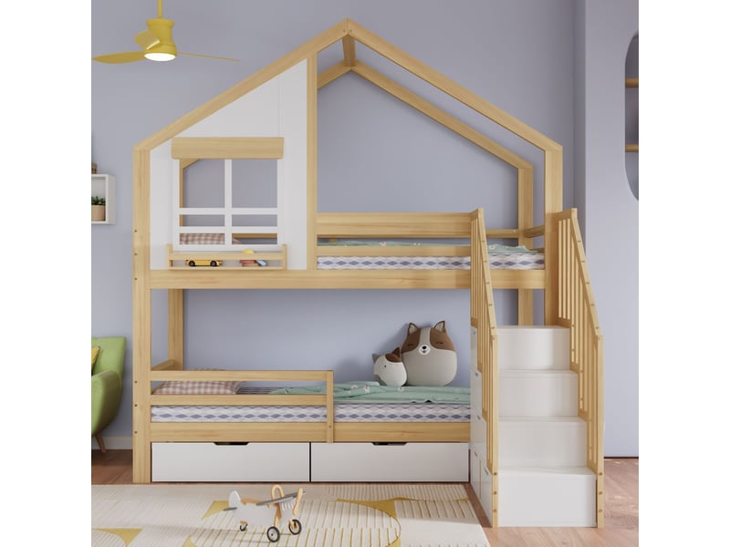 Lit superposé enfant 90 x 200 cm 2 tiroirs sur roulettes fenêtres décoratives échelle de sécurité mains courantes pin et mdf blanc et naturel - Conforama B