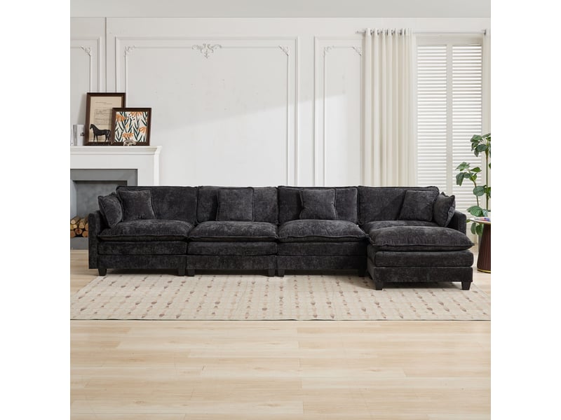  Canapé 4 places en chenille noire, canapé moderne rembourré double couche pour salon et appartement ,pouf non inclus  - Conforama W
