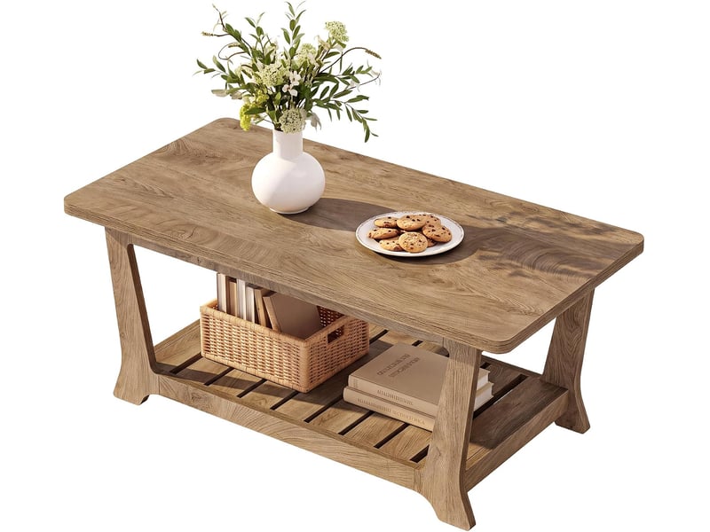  Tables basses rectangulaires avec espace de rangement pour le salon, table basse de 120 cm en bois brun style champêtre, à deux niveaux avec étagères  - Conforama A